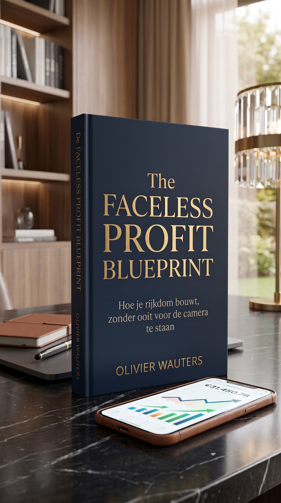 Het e-book The Faceless Profit Blueprint op een marmeren bureau naast een smartphone met groeigrafieken